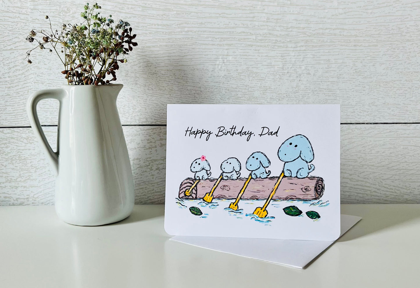 Dogs Rowing on a Log Dad Handmade Birthday Greeting Card
