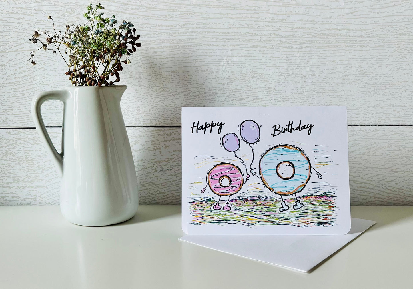 Donuts Holding Birthday Balloons Handmade Greeting Card