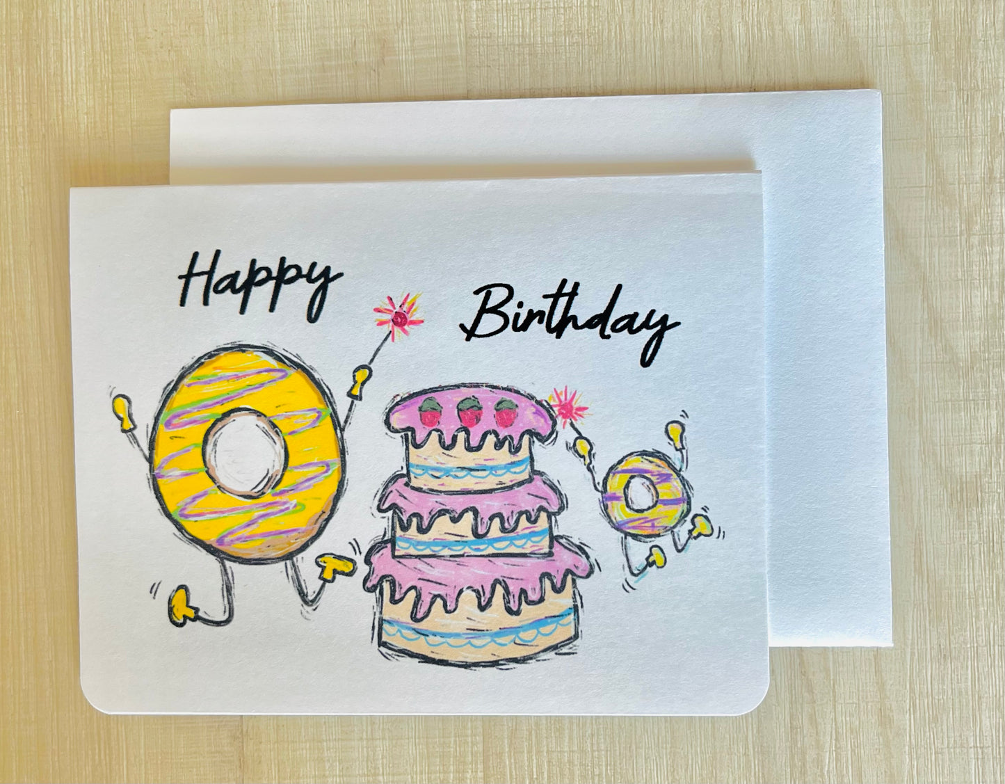 Donuts with Cake and Sparklers Handmade Birthday Greeting Card