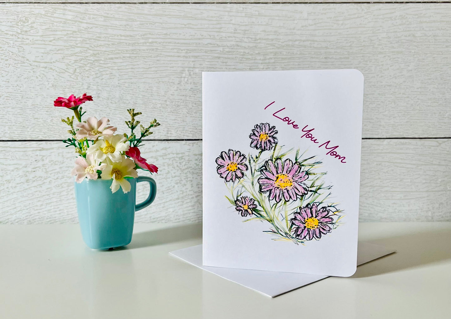 Daisy Flowers "I Love You Mom" Handmade Greeting Card