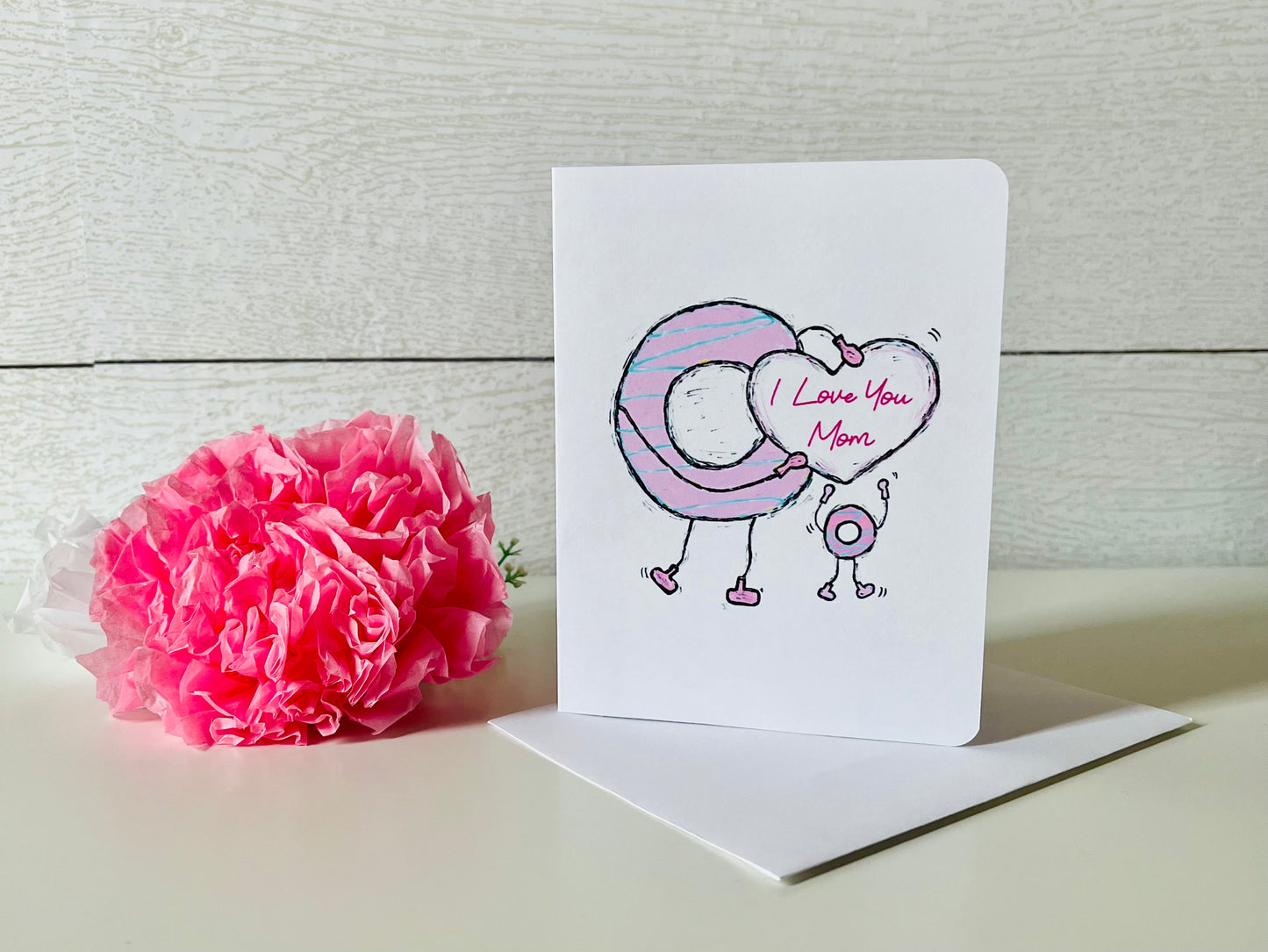 Donuts Holding a Heart "I Love You Mom" Handmade Greeting Card