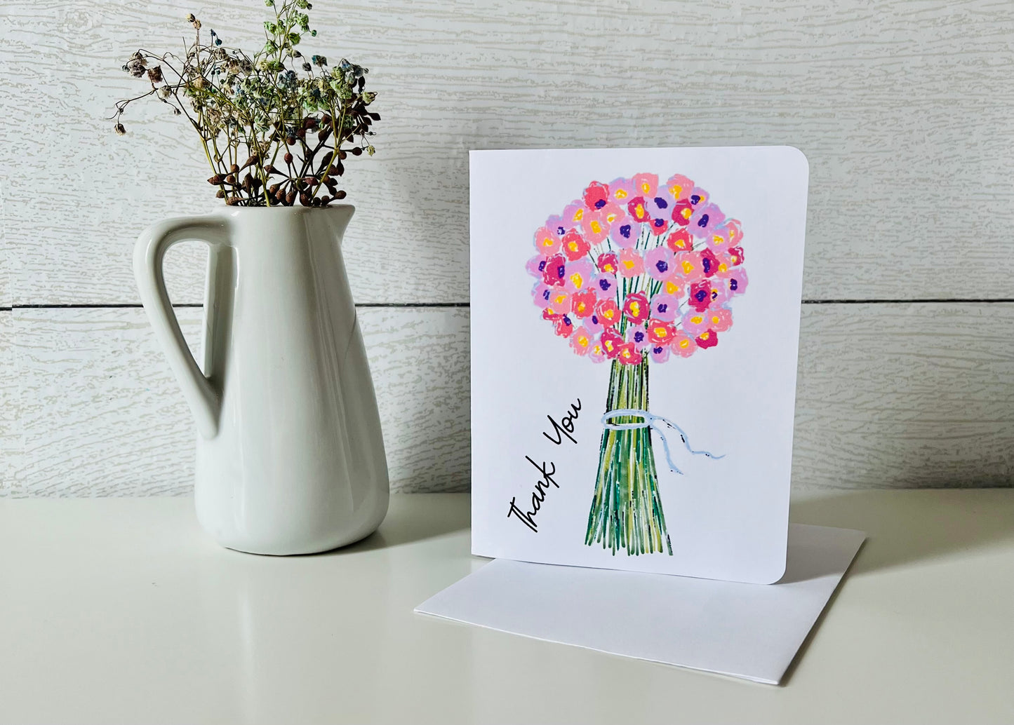 Pink Flower Bouquet Thank You Handmade Greeting Card