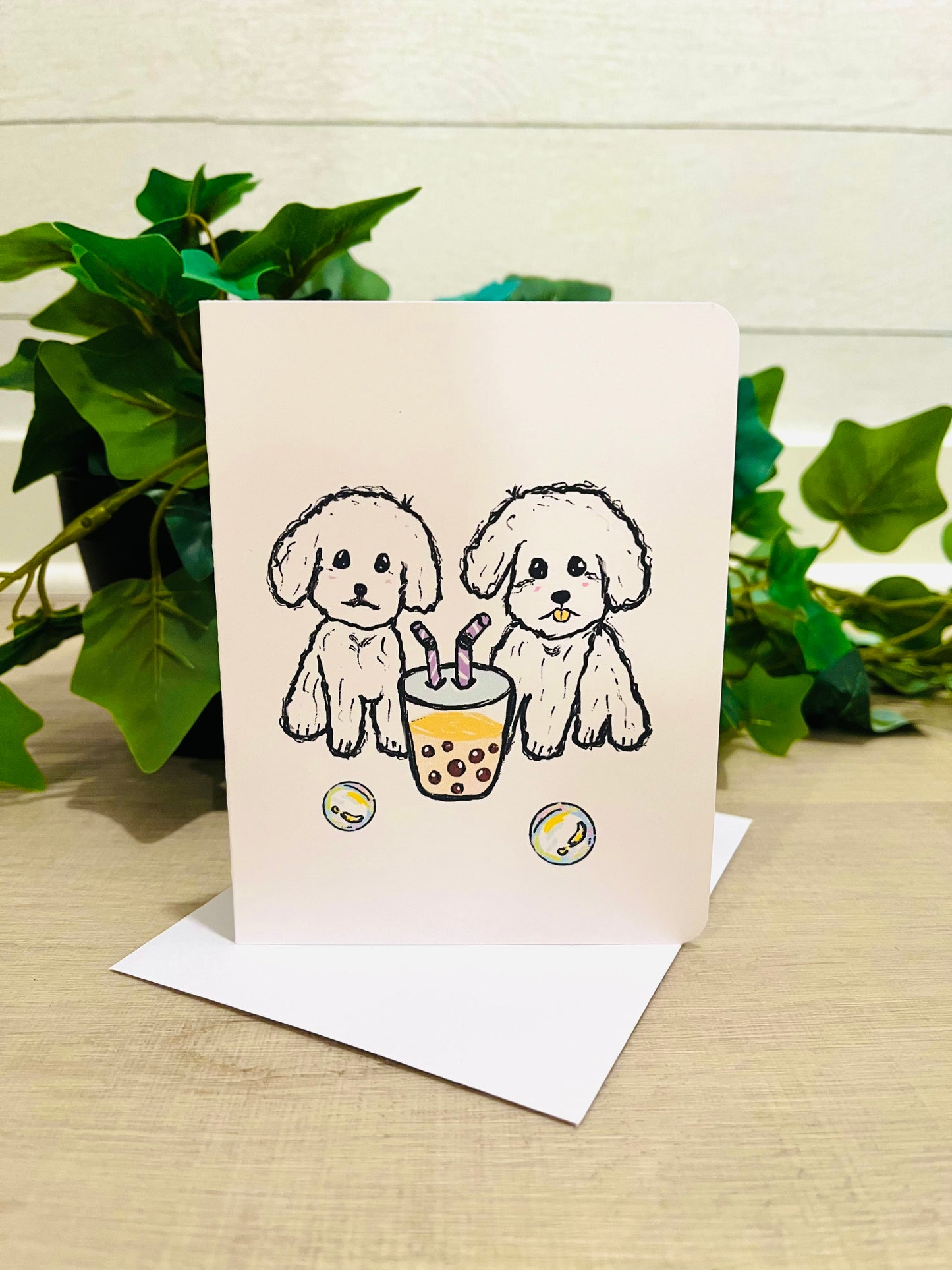 Bichon Frisé Boba Tea Handmade Greeting Card