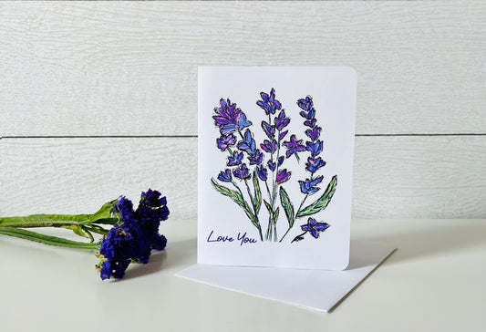 Lavender Flowers "Love You" Handmade Greeting Card