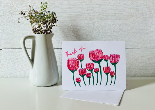 Pink Tulip Field Thank You Handmade Greeting Card